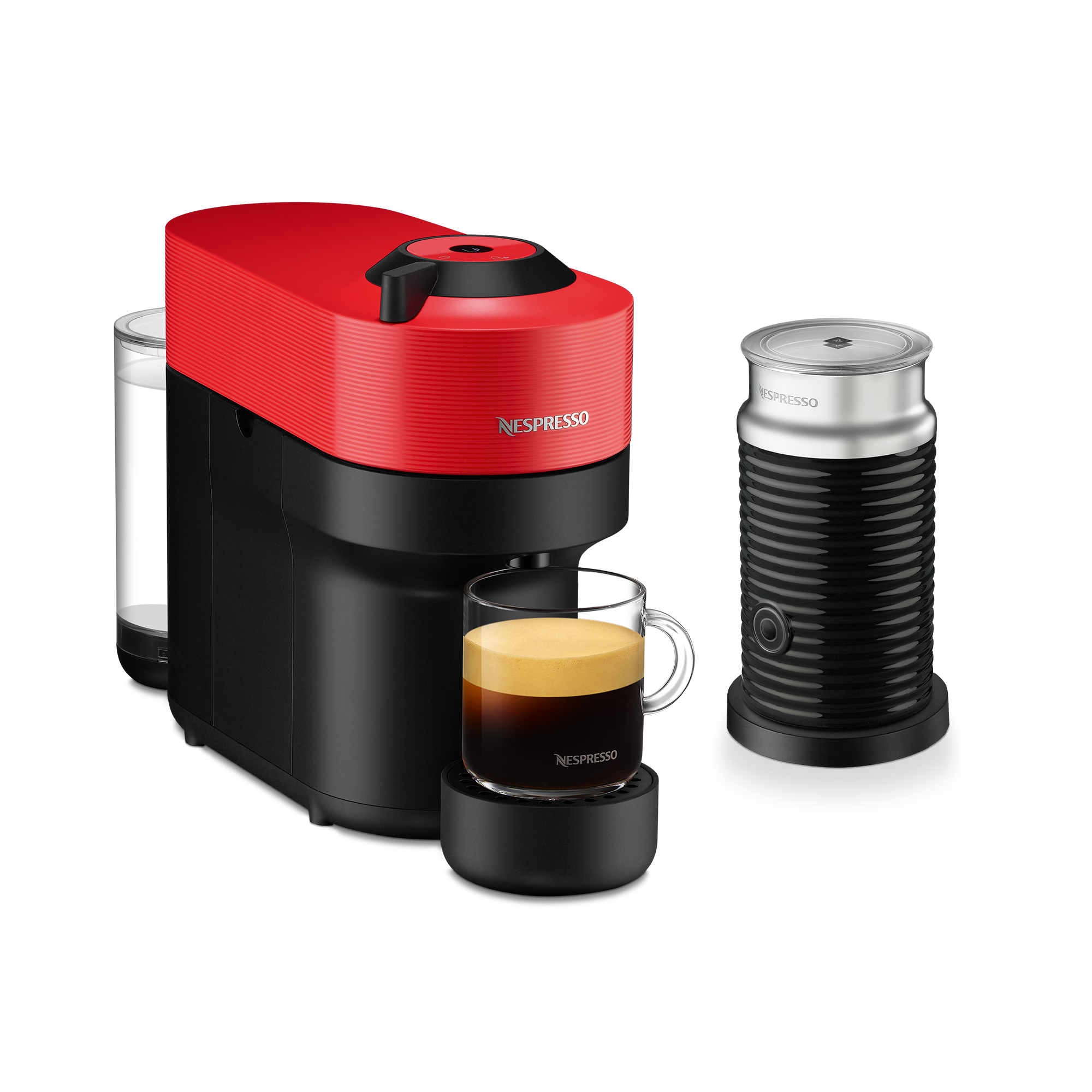 Nespresso VERTUO Pop Spicy Red & Aeroccino 3 schwarz Vertuo Kaffeemaschine