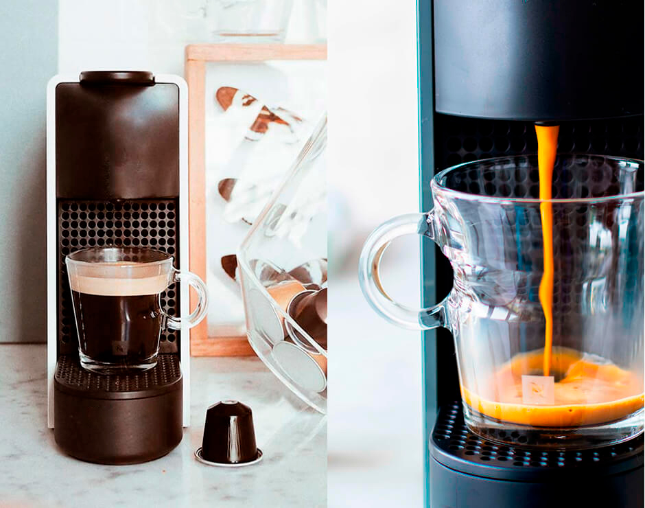 Máquina Nespresso y cápsula de café sirviendo café