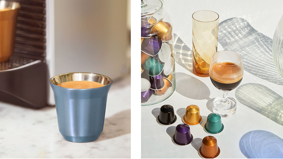 Taza de café Pixie y cápsulas de distintos sabores Vertuo