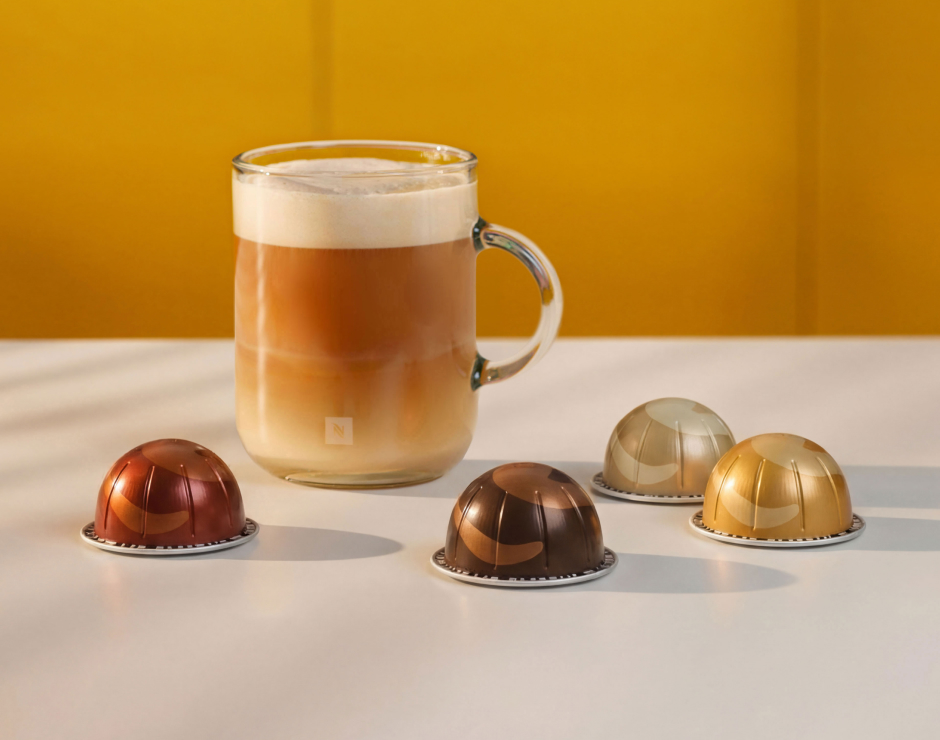 Cápsulas de café de colores junto a café con espuma