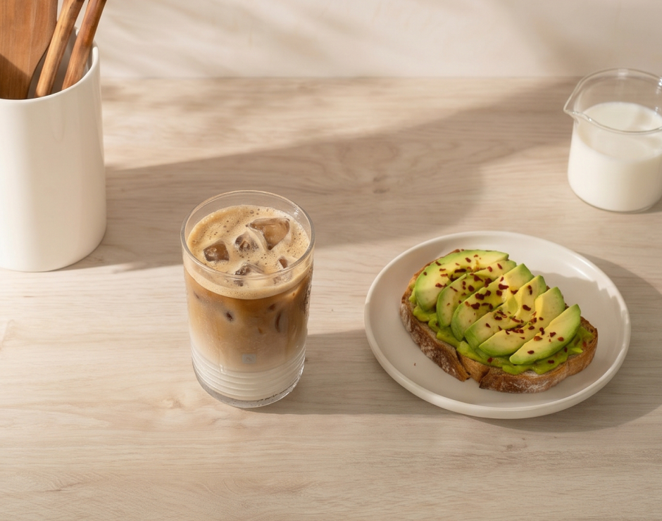 Café con hielo y tostada de aguacate
