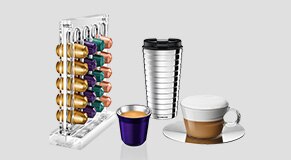 Nespresso coffee accessories, cups, glasses and boxes.