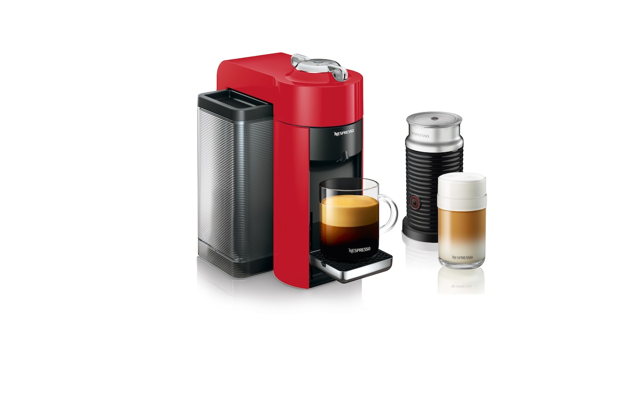 Evoluo Shiny Red Bundle Vertuo Coffee Maker Milk Frother