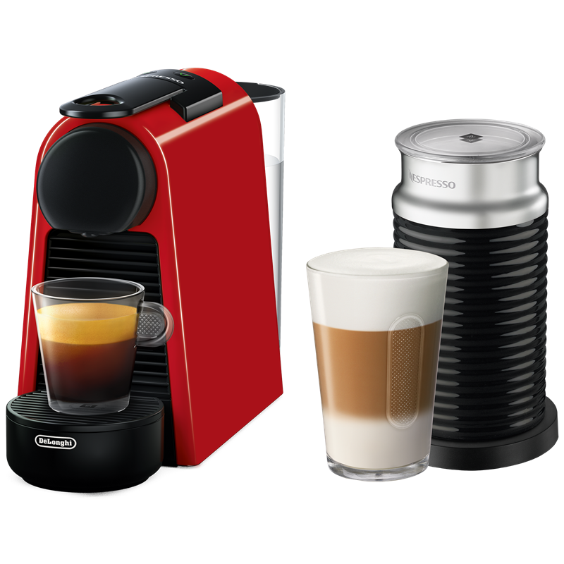 Red Essenza Mini coffee machine and black Aeroccino3 milk frother