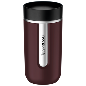 red travel mug with nespresso logo.