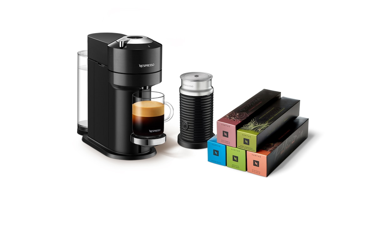 Vertuo Next Black Aeroccino Bundle and Master Origins Coffee