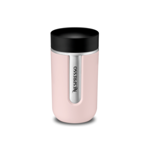 pink travel mug with nespresso logo.