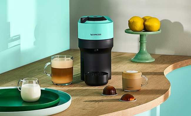 Featuring Vertuo Pop coffee machine in aqua mint