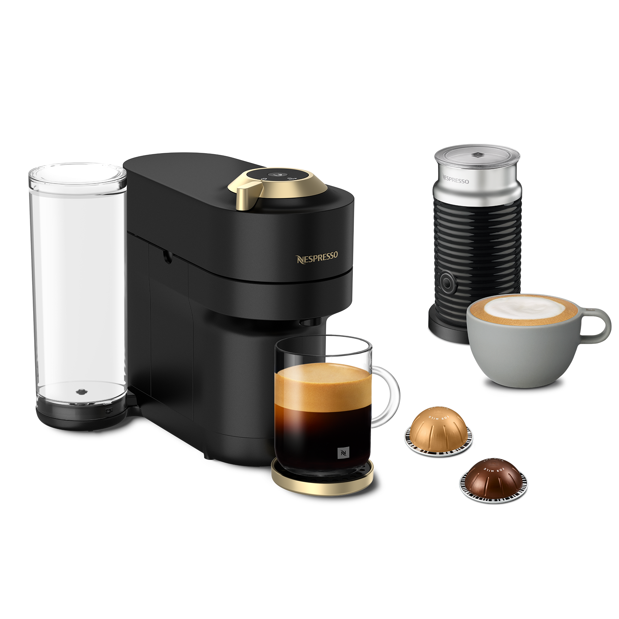 Vertuo Pop+ Matte Black Gold & Milk Frother Bundle | Vertuo Coffee