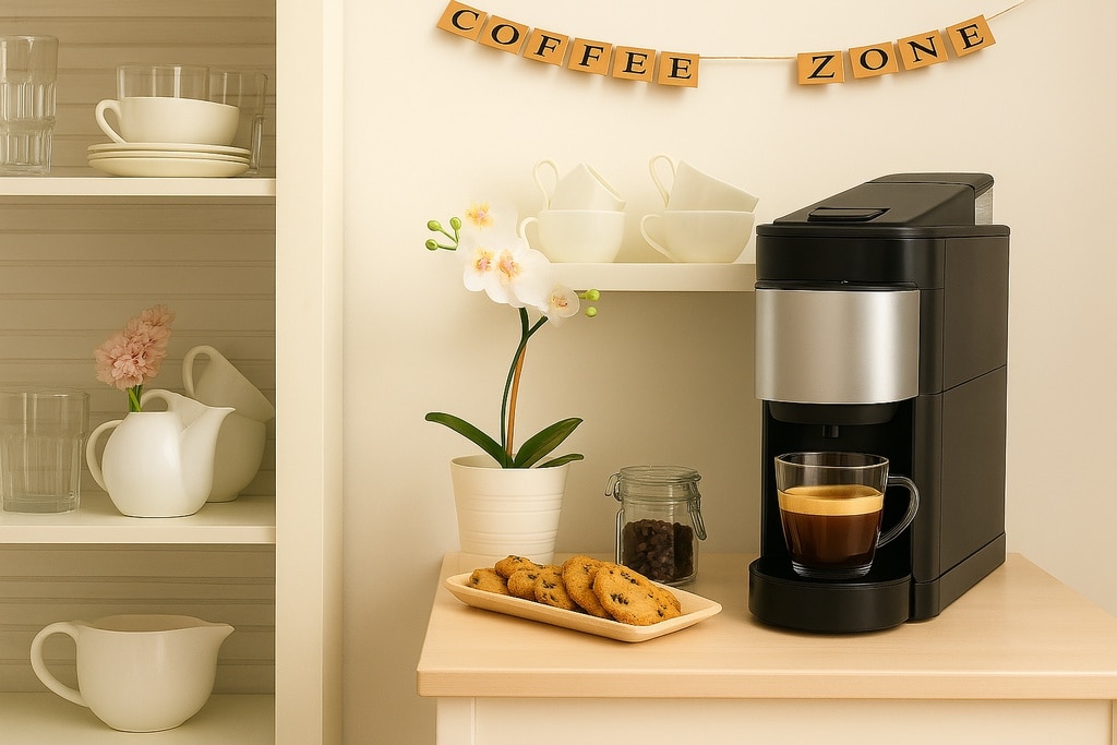 มุมกาแฟในบ้านบนชั้นวางของ