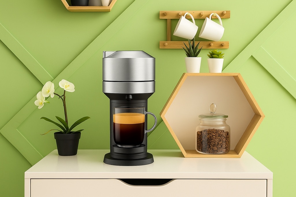 มุมกาแฟในบ้านที่ตกแต่งด้วยชั้นวางของทรงเรขาคณิต