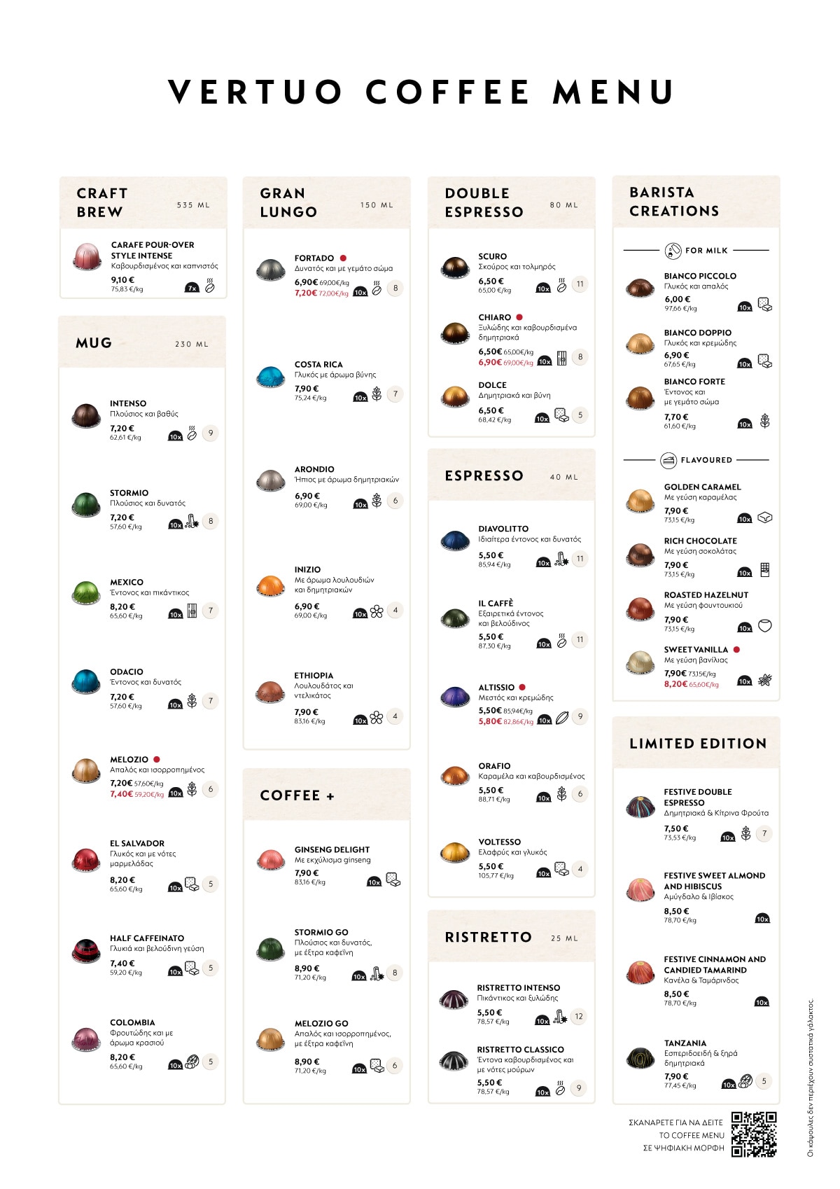Vertuo Coffee Menu