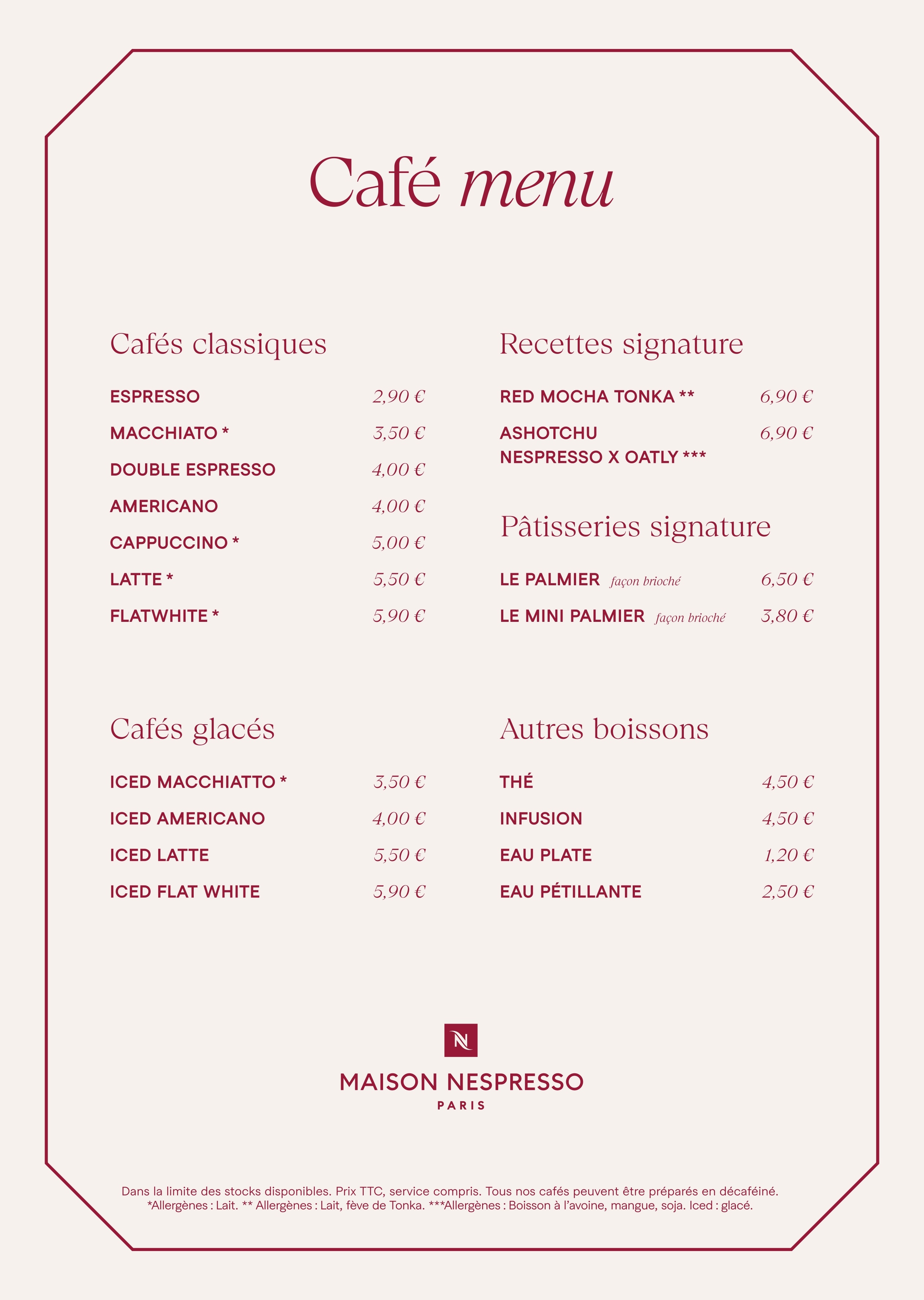 Image présentant le menu du Café Maison Nespresso Paris avec les recettes de cafés, de pâtisseries et des autres boissons, ainsi que les prix, Nespresso France.