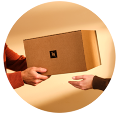 Woman receiving a Nespresso delivery box in a brown circle