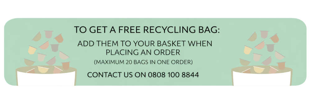 image containg text: TO GET A FREE RECYCLING BAG: ADD THEM TO YOUR BASKET WHEN PLACING AN ORDER (MAXIMUM 20 BAGS IN ONE ORDER) CONTACT US ON 0808 100 8844