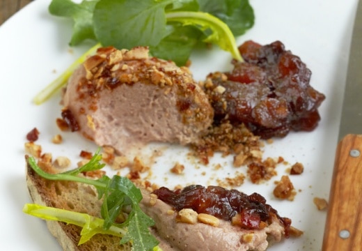 Duck Liver Parfait with Port, Cherry and Currant Chutney and Coffee Nougatine