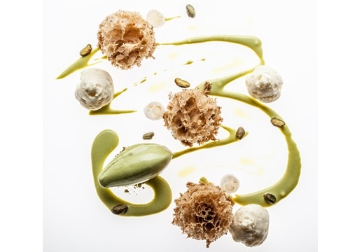 Parsnip Foam, Coffee Sponge, Pistachio Sauce and Roasted Oil Crystals