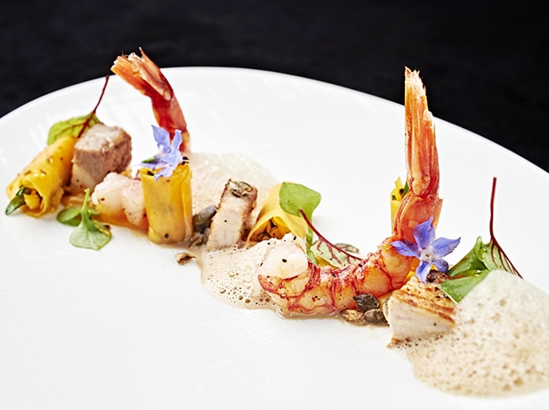 Red prawn with confit pork belly, butternut and Ristretto Origin India