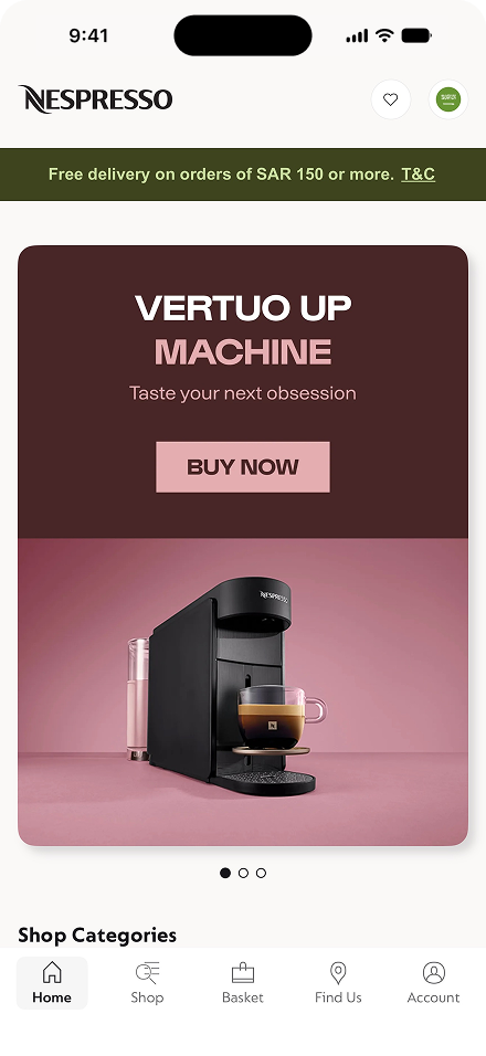 The Nespresso app's Home screen