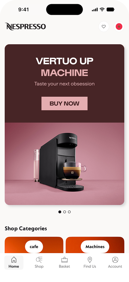 The Nespresso app's Home screen