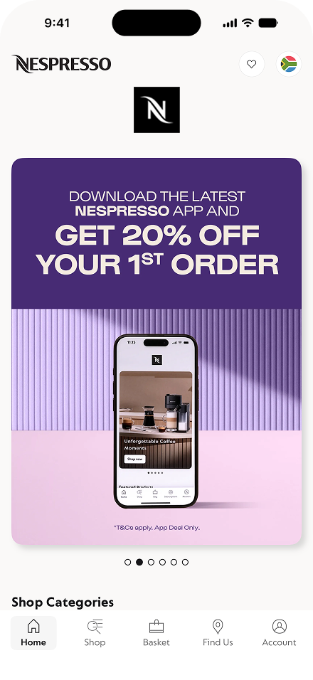 The Nespresso app's Home screen
