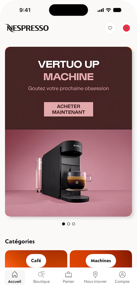L'écran Accueil de l'application Nespresso