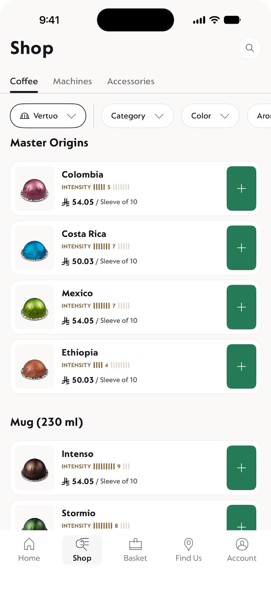 The Nespresso app's Shop screen