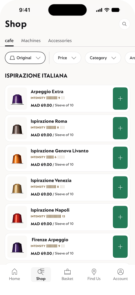 The Nespresso app's Shop screen