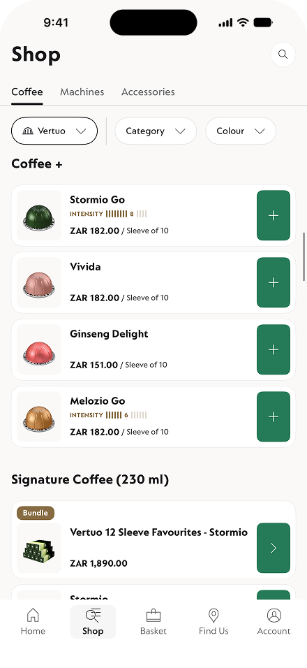 The Nespresso app's Shop screen