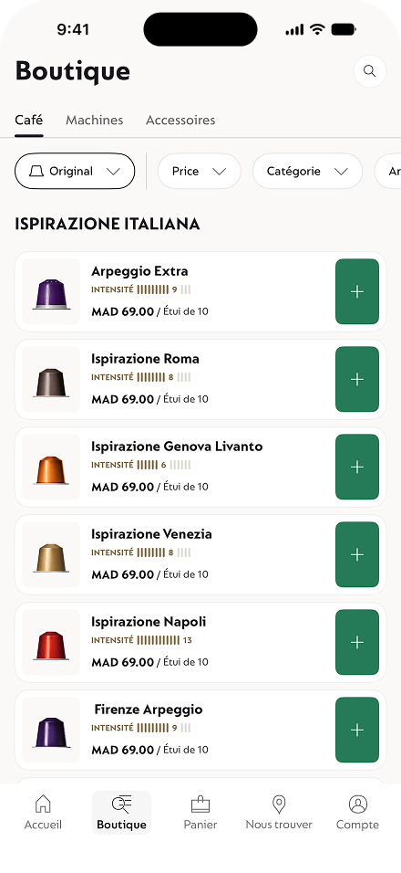 L'écran Boutique en ligne de l'application Nespresso