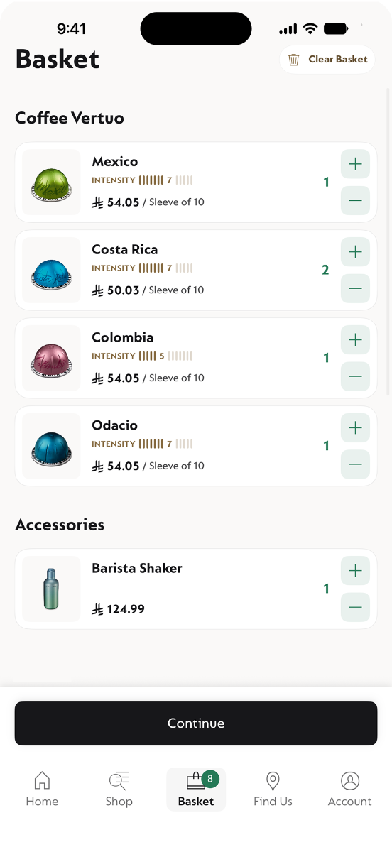 The Nespresso app's Easy Checkout screen