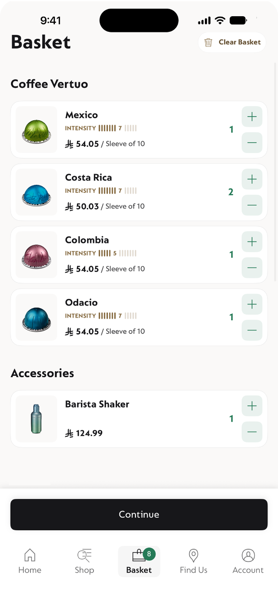 The Nespresso app's Easy Checkout screen