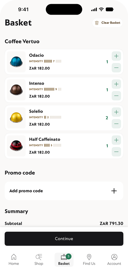 The Nespresso app's Easy Checkout screen