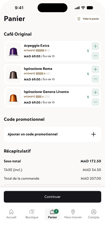 L'écran Paiement simplifié de l'application Nespresso