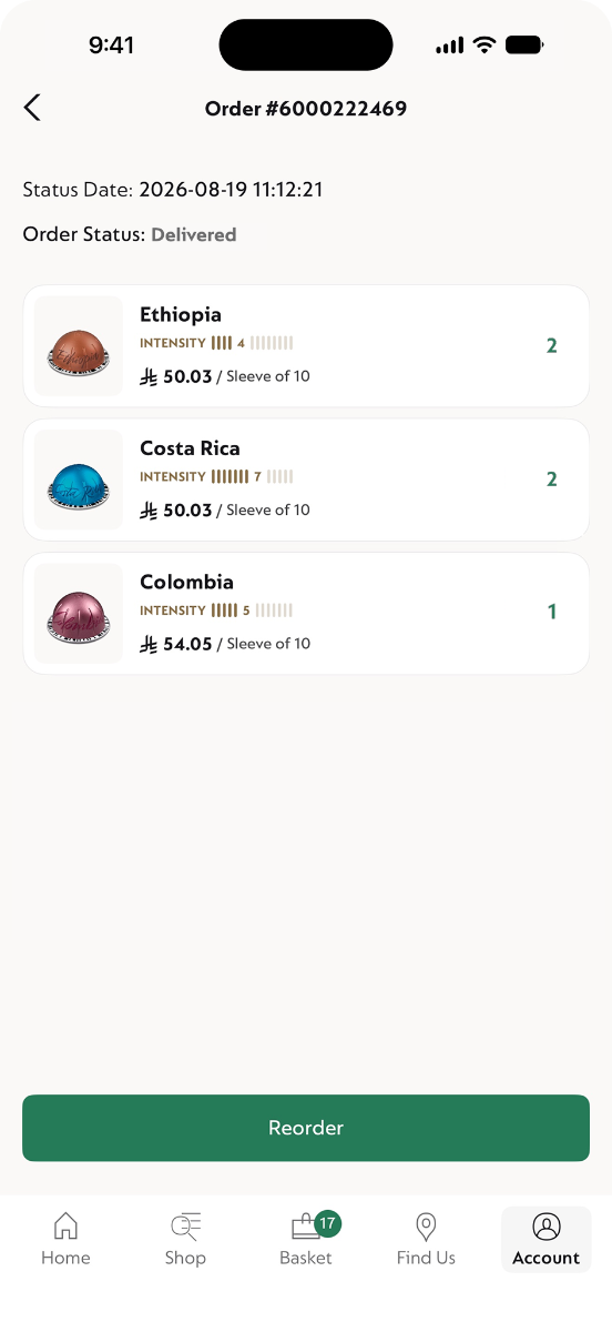 The Nespresso app's Reorder screen