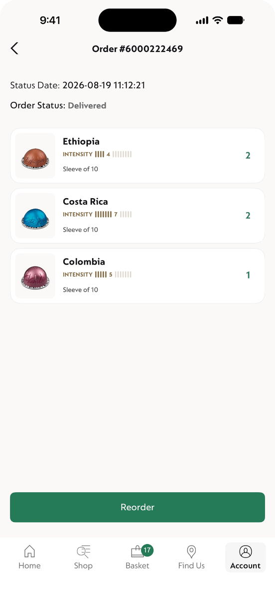 The Nespresso app's Reorder screen