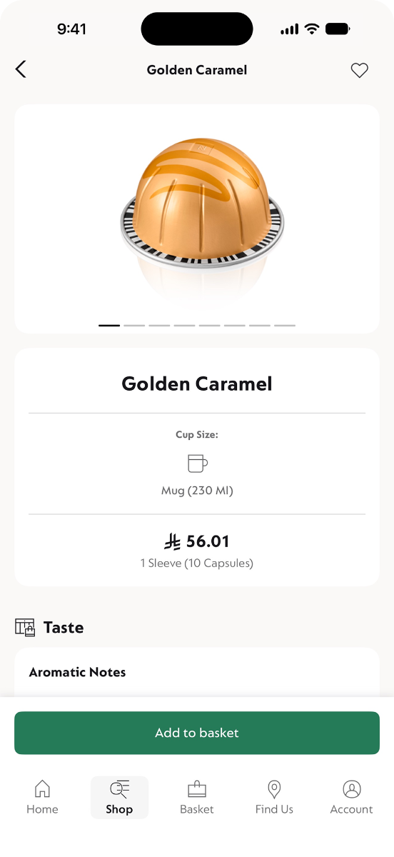 The Nespresso app's Coffee Variety screen