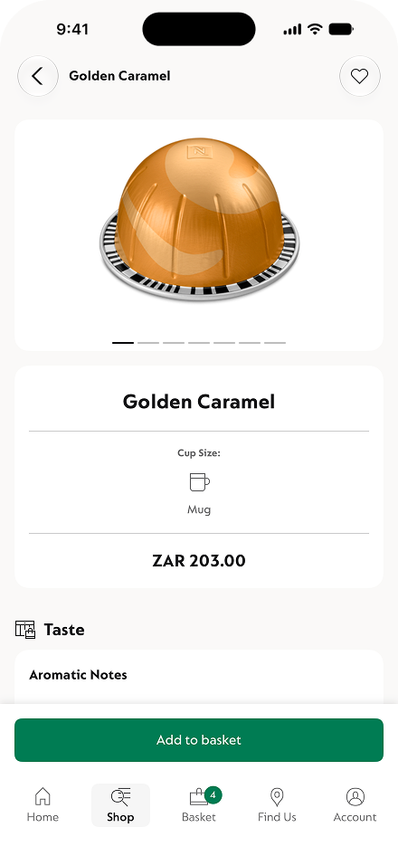 The Nespresso app's Coffee Variety screen