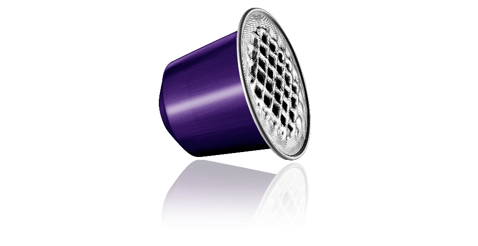A purple Nespresso pod that is responsibly sourced from aluminum and is recyclable