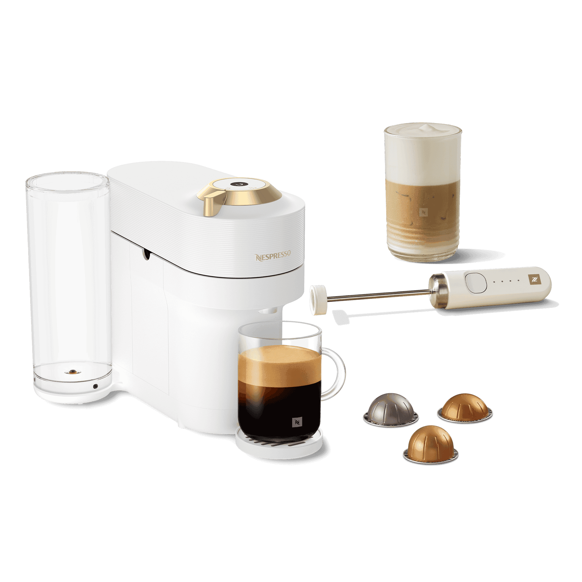 Vertuo Pop+ Deluxe Full White Gold & NanoFoamer Bundle
