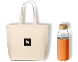glass water bottle and upcycled tote bag